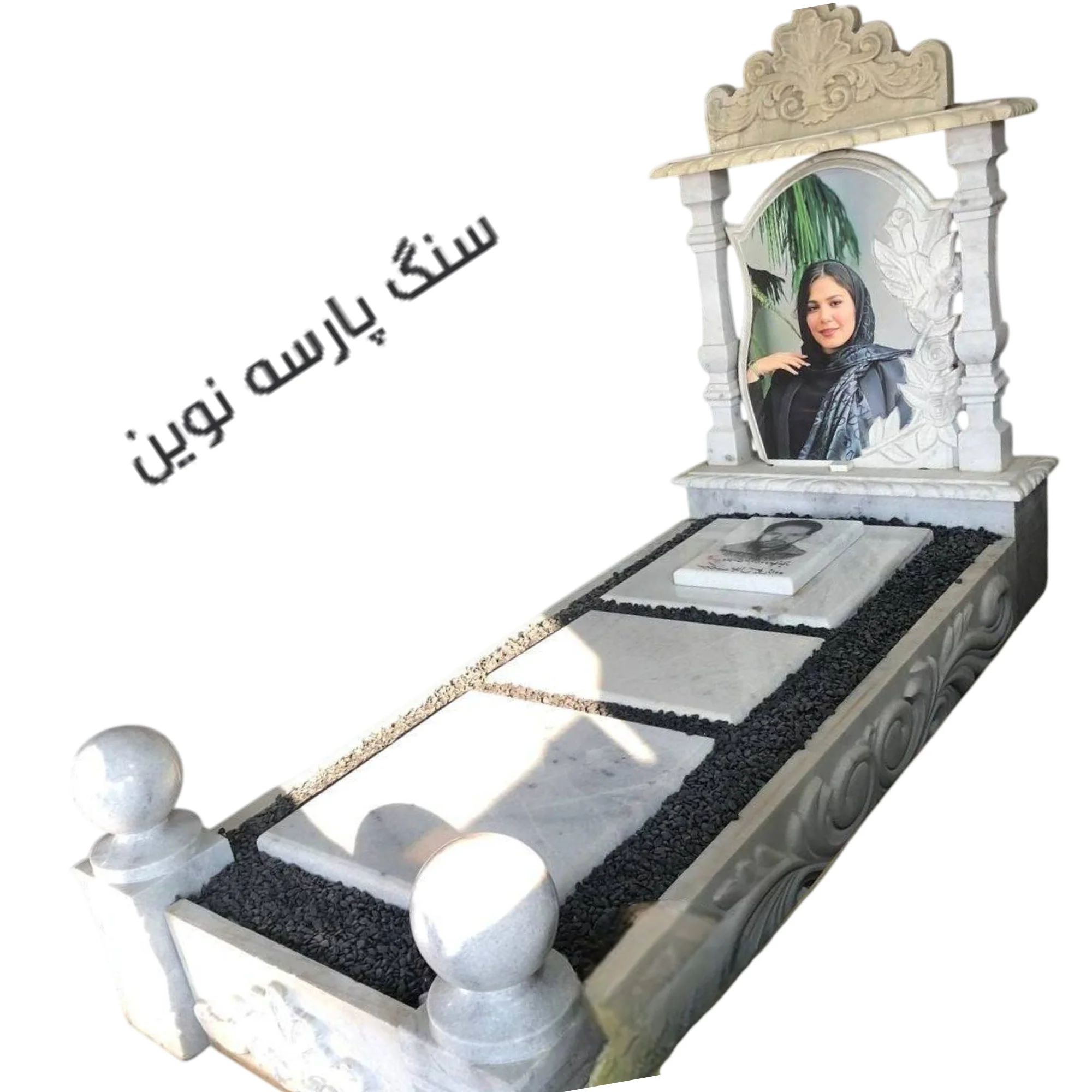 سنگ قبر سفید لاکچری با طراحی گل رز جاودان در کنار عکس دختر مرحومه